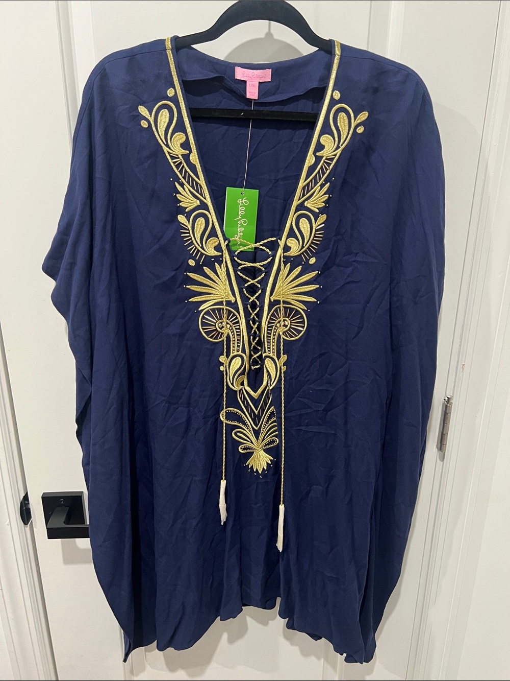 NWT! Lilly Pulitzer Navy Tunic Caftan with Gold Embroidered Placket Size L/XL
